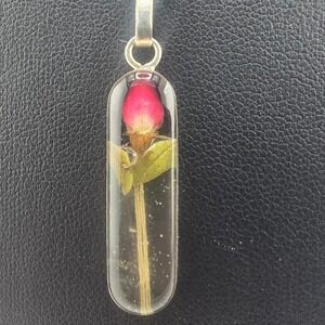 Vintage ATI Mexico Necklace Silver Real Dried Rose Resin Pendant Italy 20in